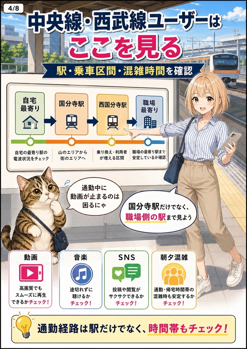 国分寺駅や西国分寺駅、中央線・西武線で楽天モバイルを使う際に、通勤経路と混雑時間を確認する必要性を説明する画像。