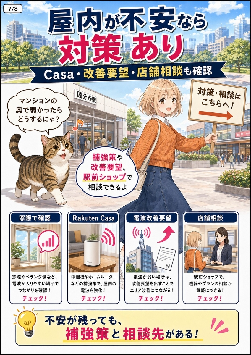 国分寺市のマンションや屋内で楽天モバイルの電波が不安な場合に、Rakuten Casaや改善要望、店舗相談を紹介する画像。