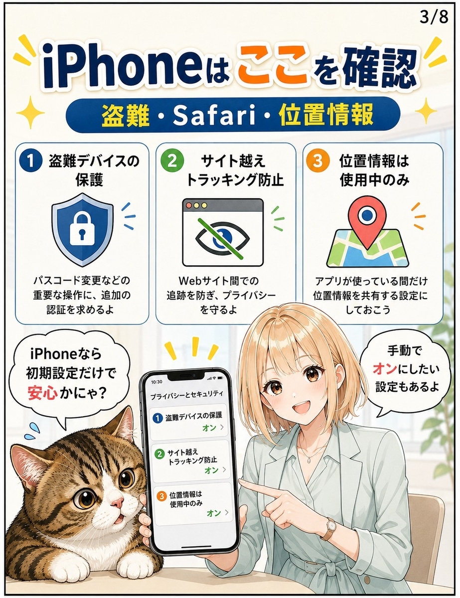 iPhoneで確認したい盗難デバイスの保護、Safariのトラッキング防止、位置情報の使用中のみ許可を説明する画像。