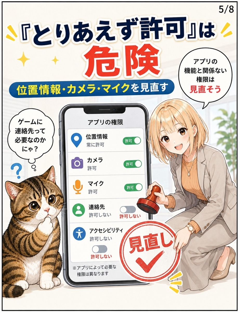 アプリの位置情報、カメラ、マイク、連絡先、アクセシビリティ権限を定期的に見直す必要性を説明する画像。
