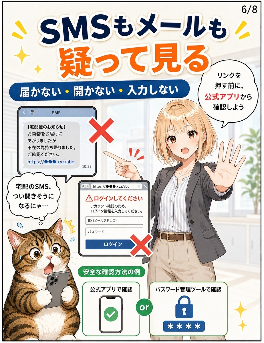 フィッシングやスミッシング対策として、怪しいSMSやメールのリンクを開かず、公式アプリやパスワード管理を使うことを示す画像。