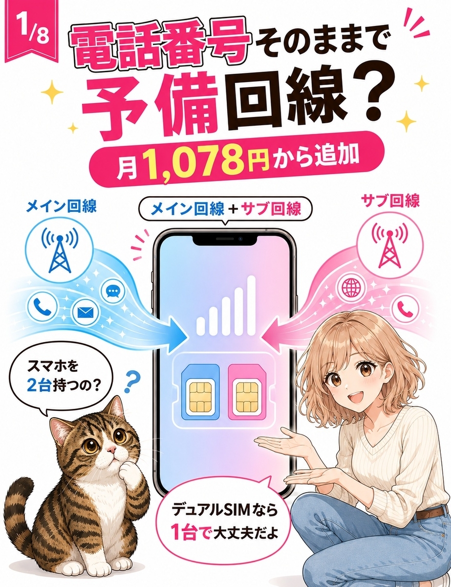 1台のスマホにメイン回線と楽天モバイルのサブ回線を入れ、電話番号を変えずに月1,078円から予備回線を持てることを説明するマンガ。