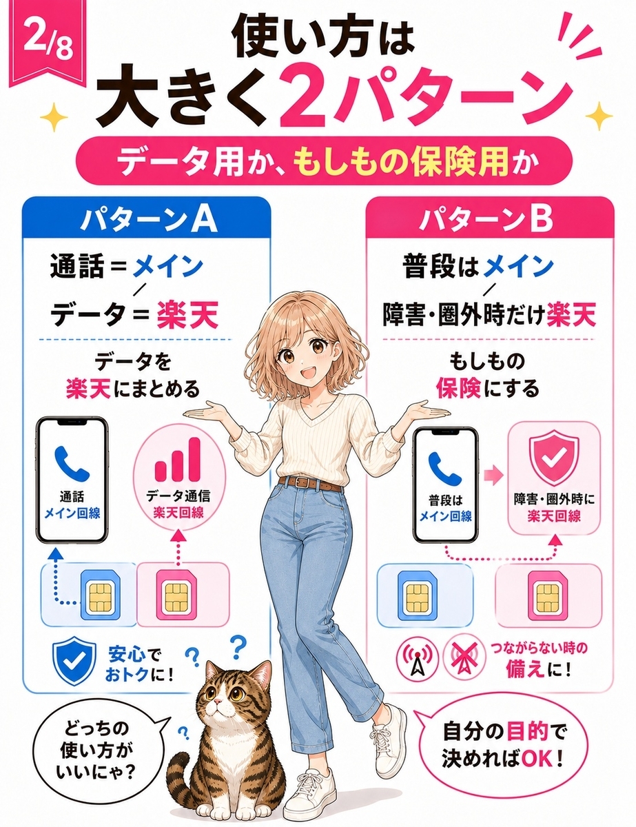 デュアルSIMの運用方法として、楽天モバイルをデータ通信に使う方法と、障害や圏外時だけ使う保険型の2パターンを説明する画像。