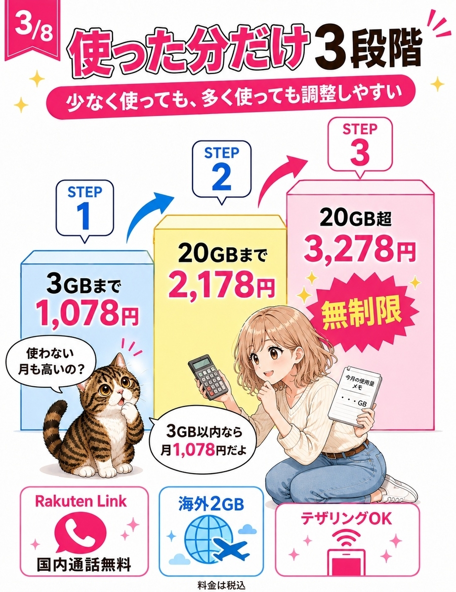 楽天モバイルの3GBまで1,078円、20GBまで2,178円、20GB超で3,278円の3段階料金と主な機能を示す解説画像。