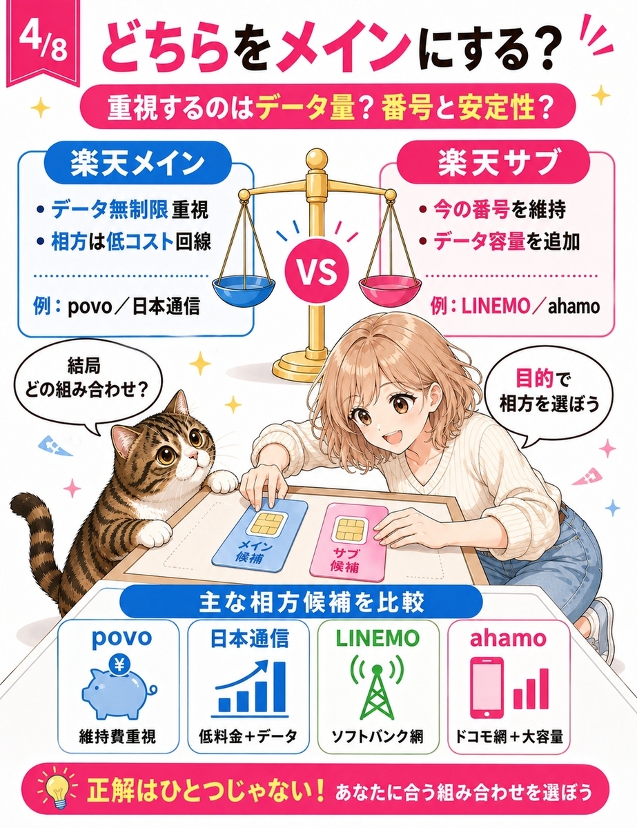楽天モバイルをメインにする構成とサブにする構成を比較し、povo、日本通信、LINEMO、ahamoの選び方を説明するマンガ。