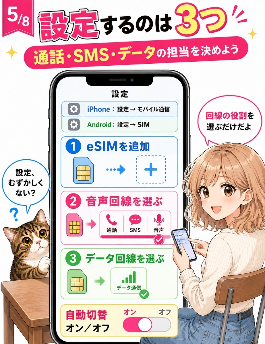 iPhoneとAndroidで楽天モバイルのeSIMを追加し、音声、SMS、モバイルデータ、自動切替を設定する手順を説明する画像。
