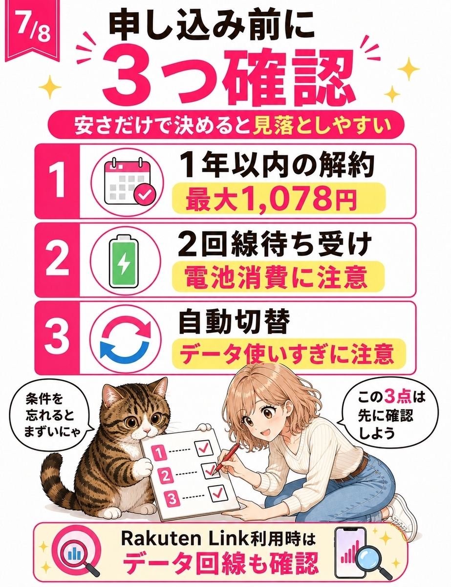 楽天モバイルのサブ回線運用で注意したい1年以内の解約手数料、バッテリー消費、自動切替設定を整理した解説画像。