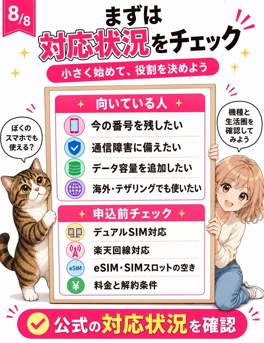 デュアルSIM運用に向いている人の特徴と、対応端末、楽天回線対応、SIMの空き、料金条件を確認するチェックリスト画像。