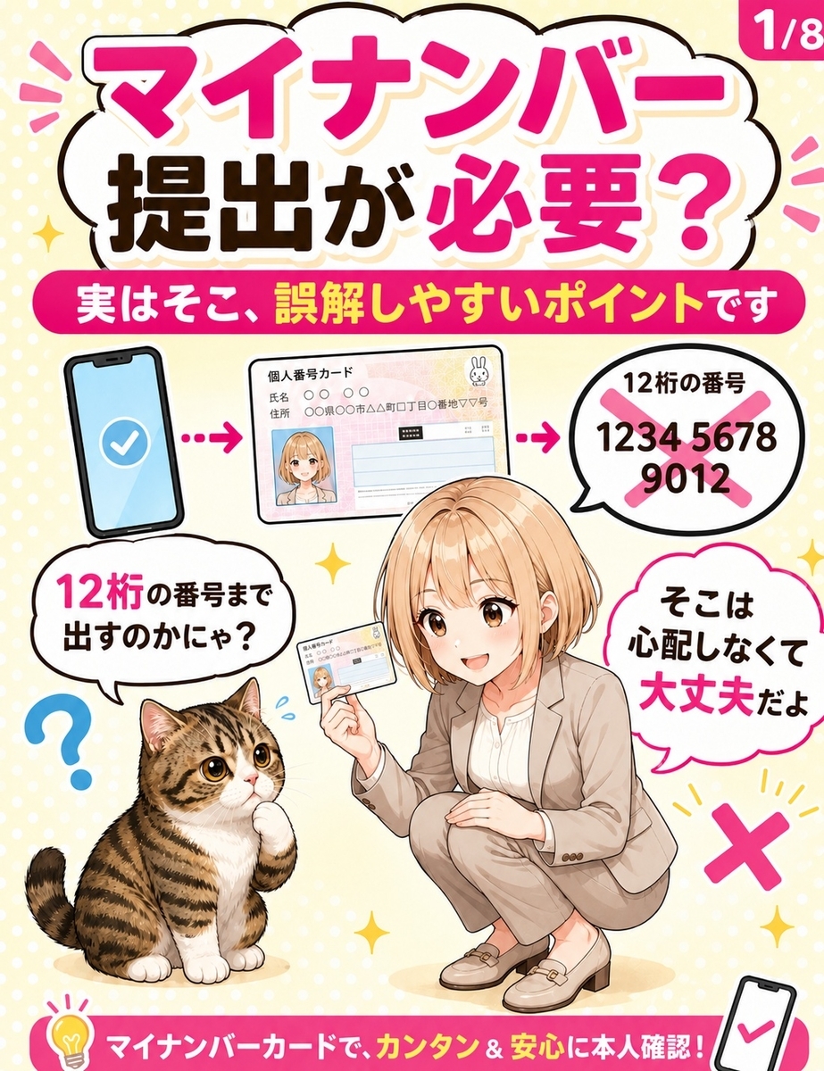 楽天モバイルの本人確認で、マイナンバーカードを使っても12桁の個人番号を提出するわけではないことへの不安を導入するマンガ画像。