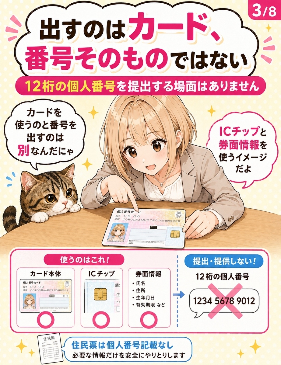 マイナンバーカードを本人確認に使っても、楽天モバイルへ12桁の個人番号は提出せず、ICチップや券面情報を使うことを説明する画像。