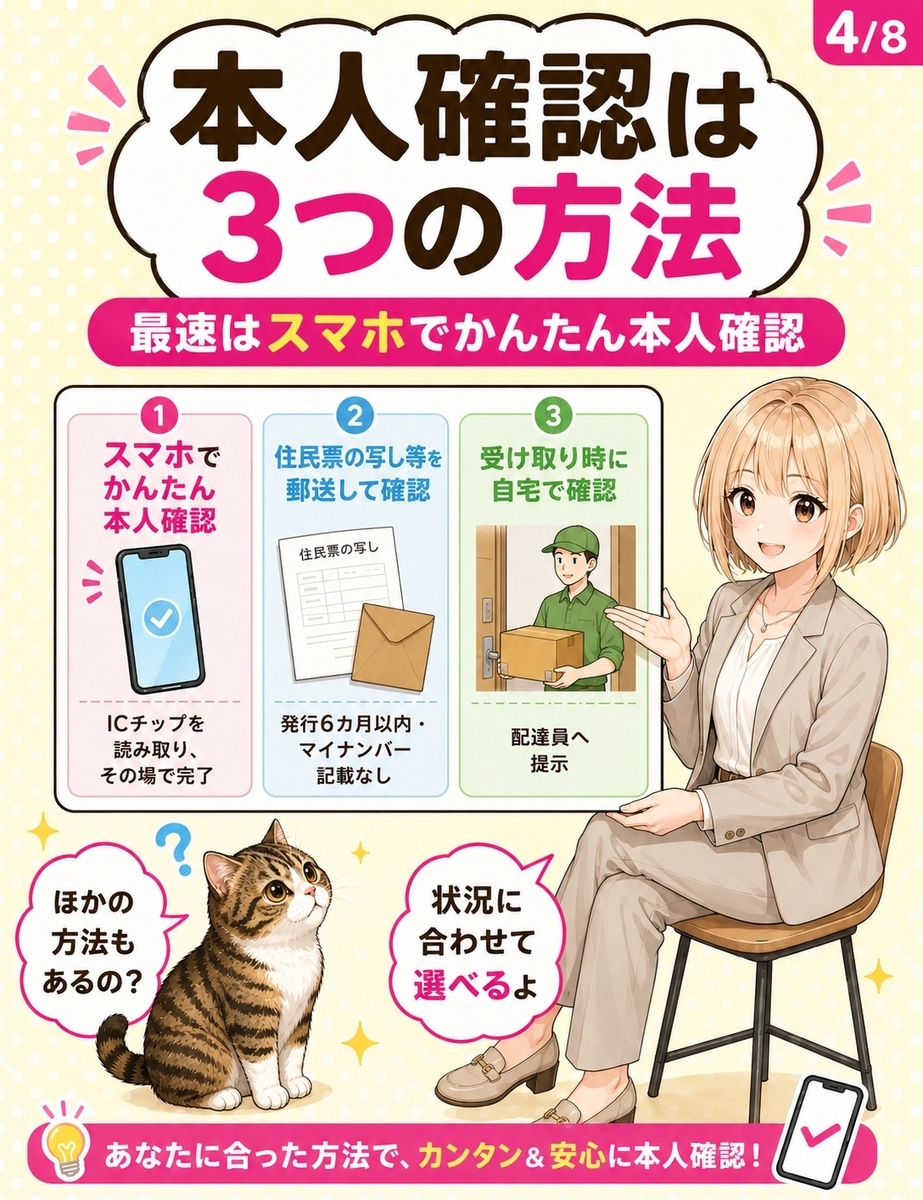 楽天モバイルの本人確認方法として、スマホでかんたん本人確認、住民票の郵送確認、自宅受け取り時確認の3方式を比較する画像。