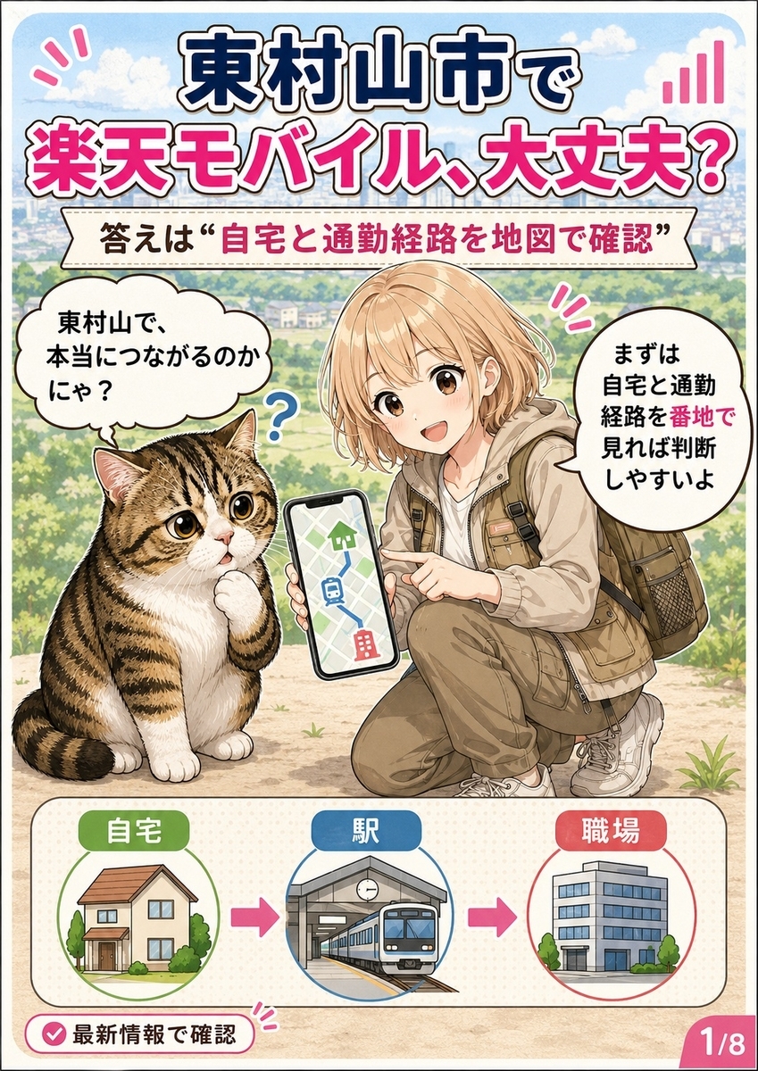 東村山市で楽天モバイルがつながるかを判断するため、公式エリアマップで自宅と通勤経路を番地単位に確認する方法を紹介する導入画像。