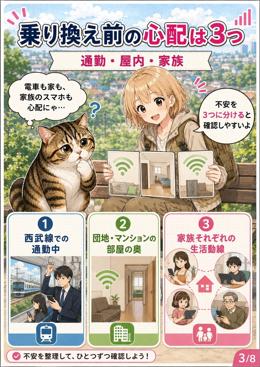 楽天モバイルへの乗り換え前に多い不安として、西武線通勤、団地やマンションの屋内、家族全員の使い勝手を整理した画像。