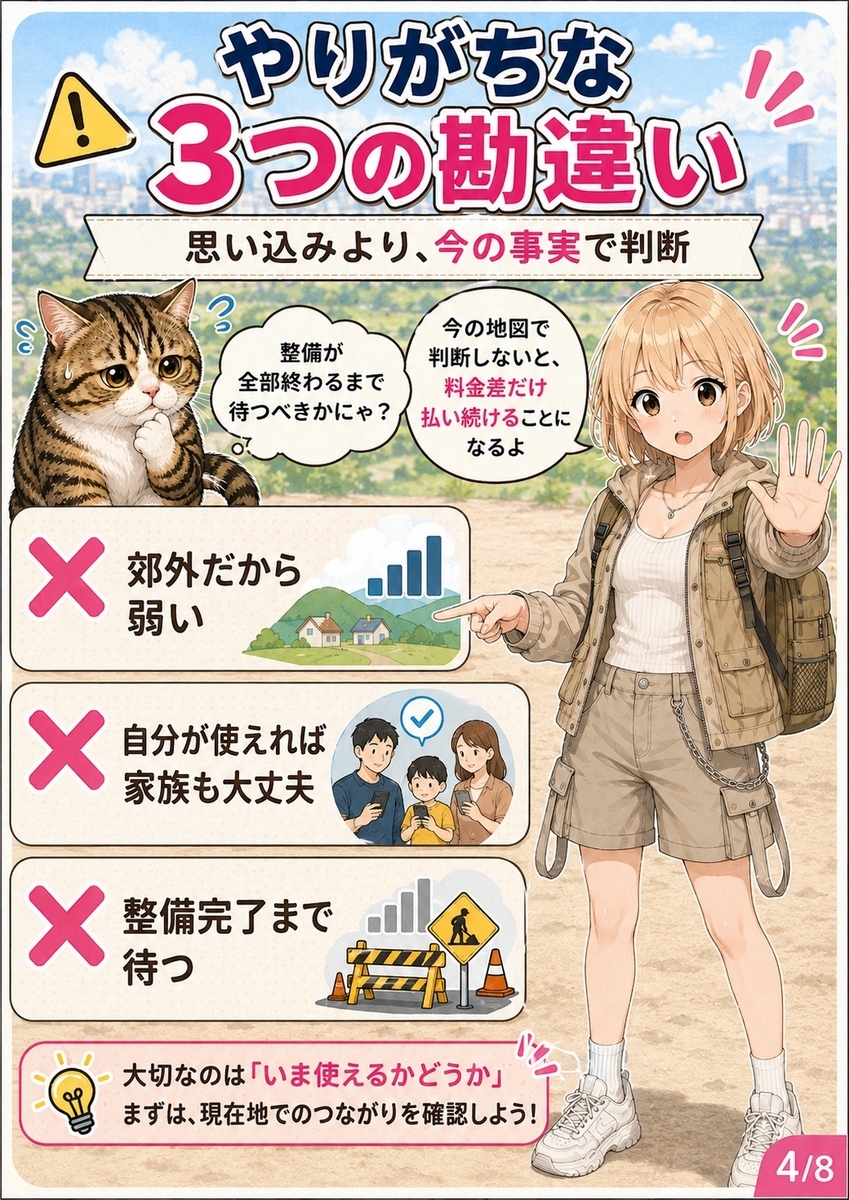 郊外だから弱い、自分が使えれば家族も大丈夫、整備完了まで待つという、東村山市で楽天モバイルを判断するときの勘違いを説明する画像。
