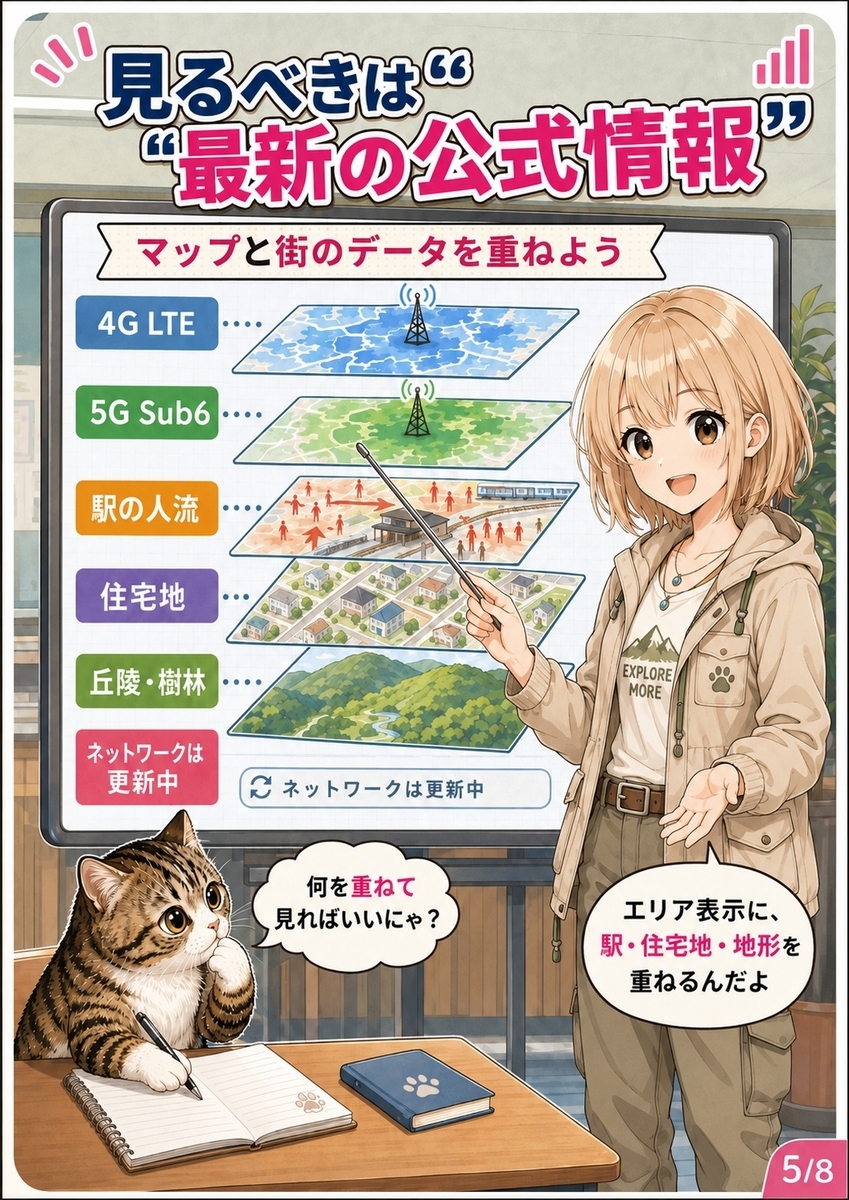 楽天モバイルの最新エリアマップに、東村山市の駅の人流、住宅地、狭山丘陵の地形を重ねて確認する考え方を解説する画像。