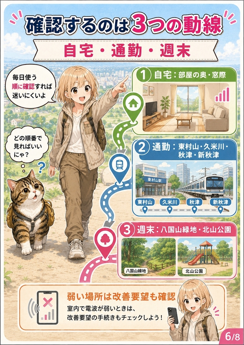 東村山市で楽天モバイルを確認する順番として、自宅、通勤経路、八国山緑地や北山公園など週末の行き先を整理した画像。