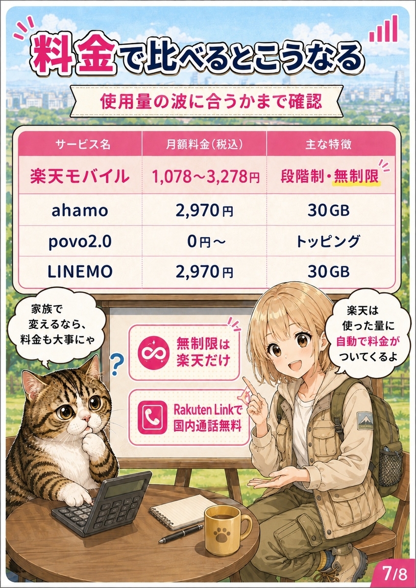 楽天モバイル、ahamo、povo2.0、LINEMOの月額料金、データ容量、料金体系を比較し、使用量が変動する家庭への向き不向きを説明する画像。