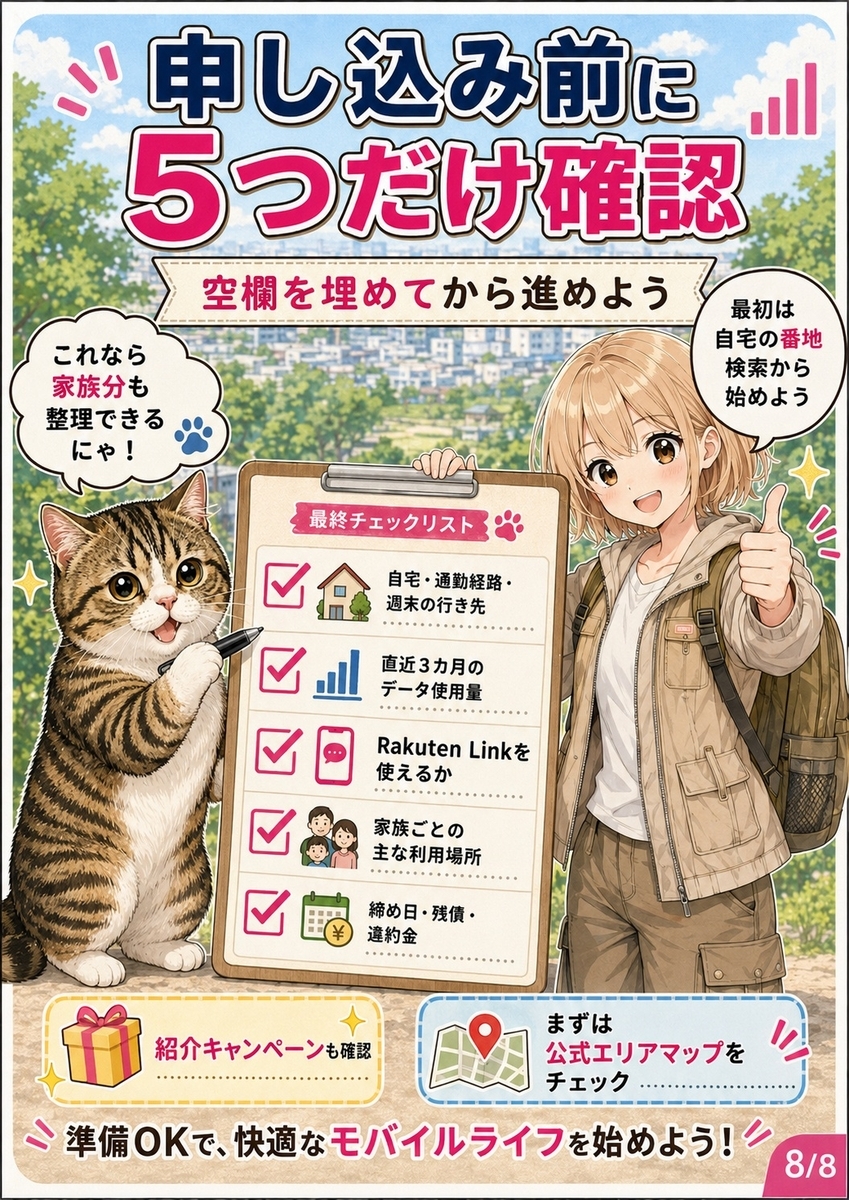 楽天モバイル申し込み前に、自宅や通勤経路、データ使用量、Rakuten Link、家族の利用場所、残債などを確認するチェックリスト画像。