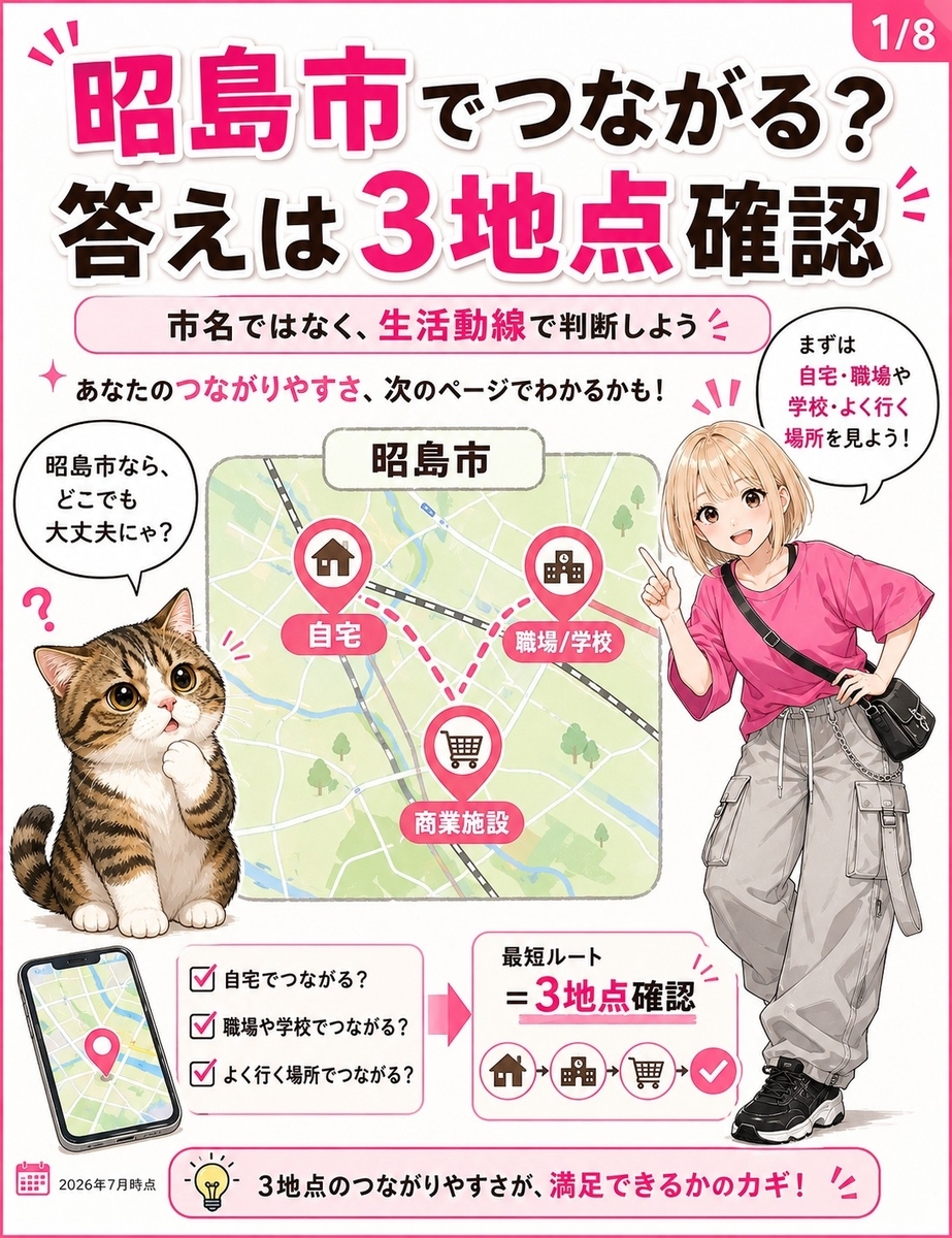 昭島市で楽天モバイルを検討する際は、自宅・職場や学校・よく行く場所の3地点を確認するのが基本だと、猫と女の子が説明する導入画像。