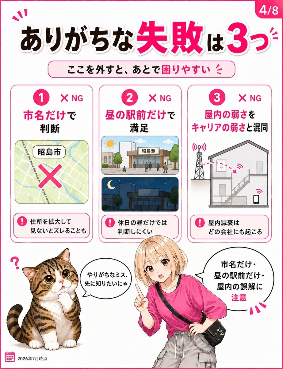 昭島市で楽天モバイルに乗り換える際に起きやすい、市名だけの判断、昼の駅前だけの確認、屋内減衰の誤解という3つの失敗例を示した画像。