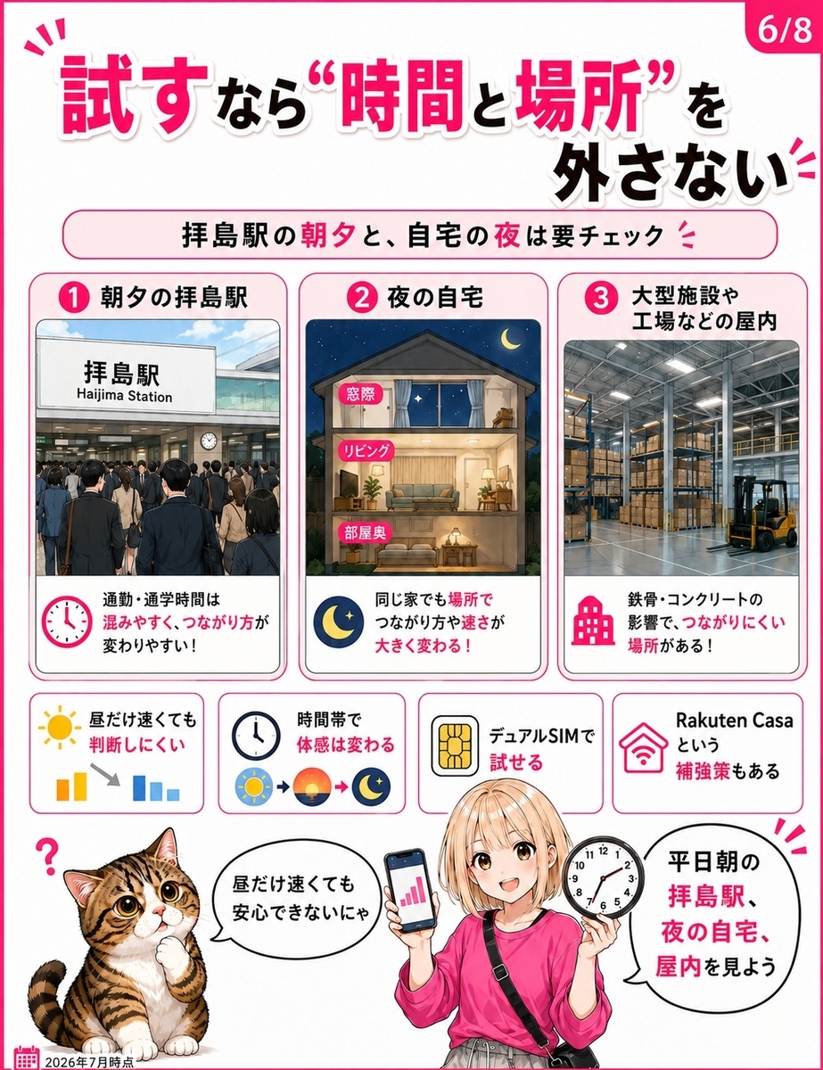 拝島駅の朝夕、自宅の夜、工場や商業施設の屋内など、昭島市で実際に楽天モバイルを試すべき時間帯と場所をまとめた画像。