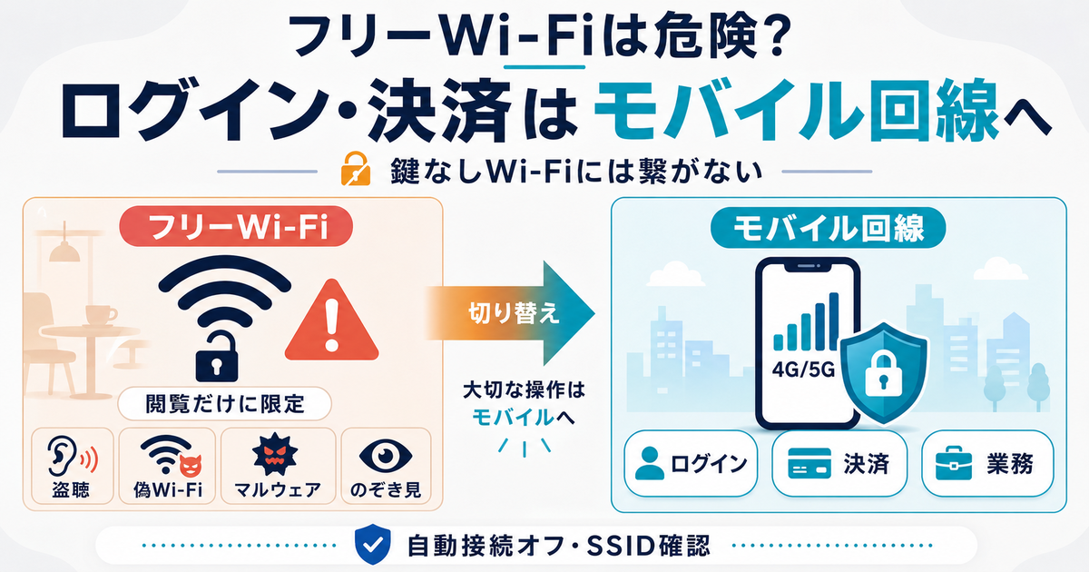 フリーWi-Fi利用時の盗聴や偽アクセスポイントなどの危険を避けるため、鍵なしWi-Fiには接続せず、ログイン・決済・業務通信はモバイル回線へ切り替える対策を示した画像。