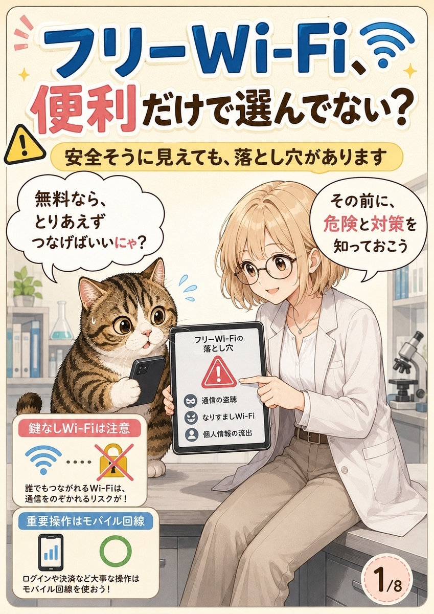 フリーWi-Fiは便利でも危険があり、鍵なしWi-Fiを避け、重要操作はモバイル回線にするべきだと猫と女の子が導入する画像。