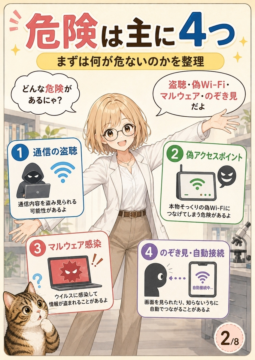 フリーWi-Fiの主な危険として、盗聴、偽アクセスポイント、マルウェア感染、のぞき見や自動接続の4つを整理して示した画像。
