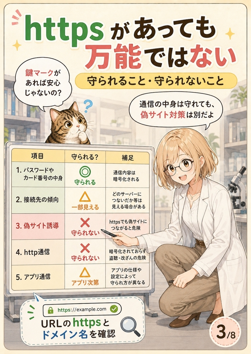 httpsで守られることと守られないことを比較し、偽サイト誘導や接続先確認の重要性を解説する画像。
