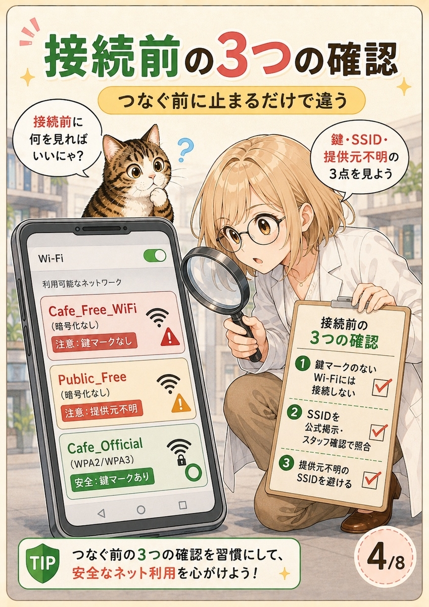 フリーWi-Fiに接続する前に確認したい、鍵マーク、SSID照合、提供元不明SSID回避の3つをまとめた画像。