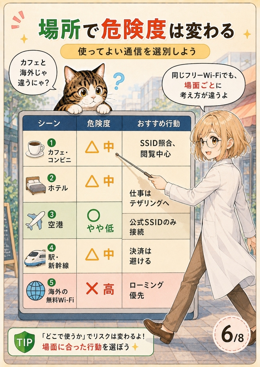 カフェ、ホテル、空港、駅、海外の無料Wi-Fiを危険度と推奨行動で比較し、場面ごとの使い分けを示した画像。