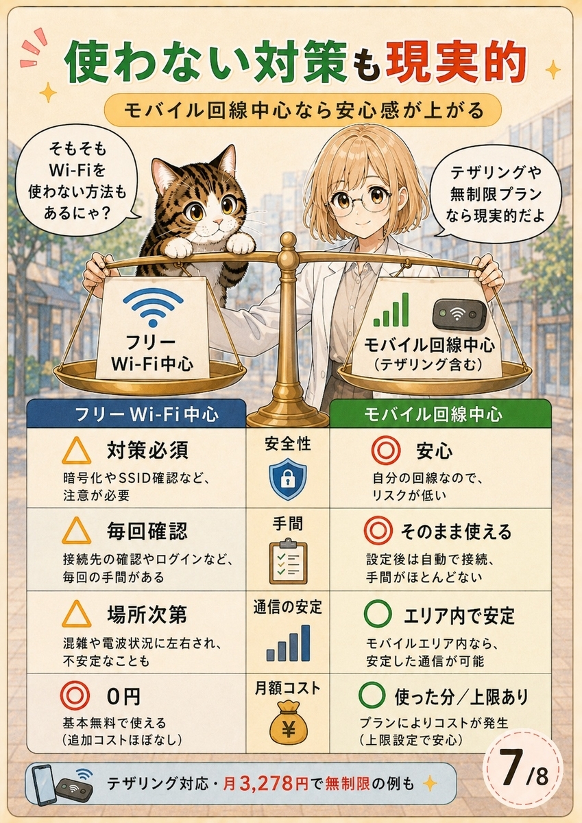 フリーWi-Fi中心の運用と、モバイル回線やテザリング中心の運用を安全性や手間、コストで比較した画像。