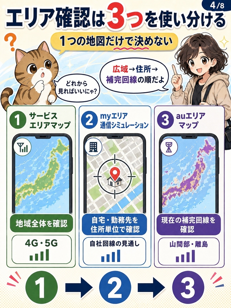 サービスエリアマップ、myエリア通信シミュレーション、auエリアマップの目的と使う順番を比較した解説画像。