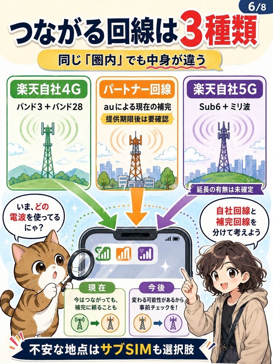 楽天自社4G、パートナー回線、楽天自社5Gの違いと、ローミング期限後を考えるポイントを説明する画像。