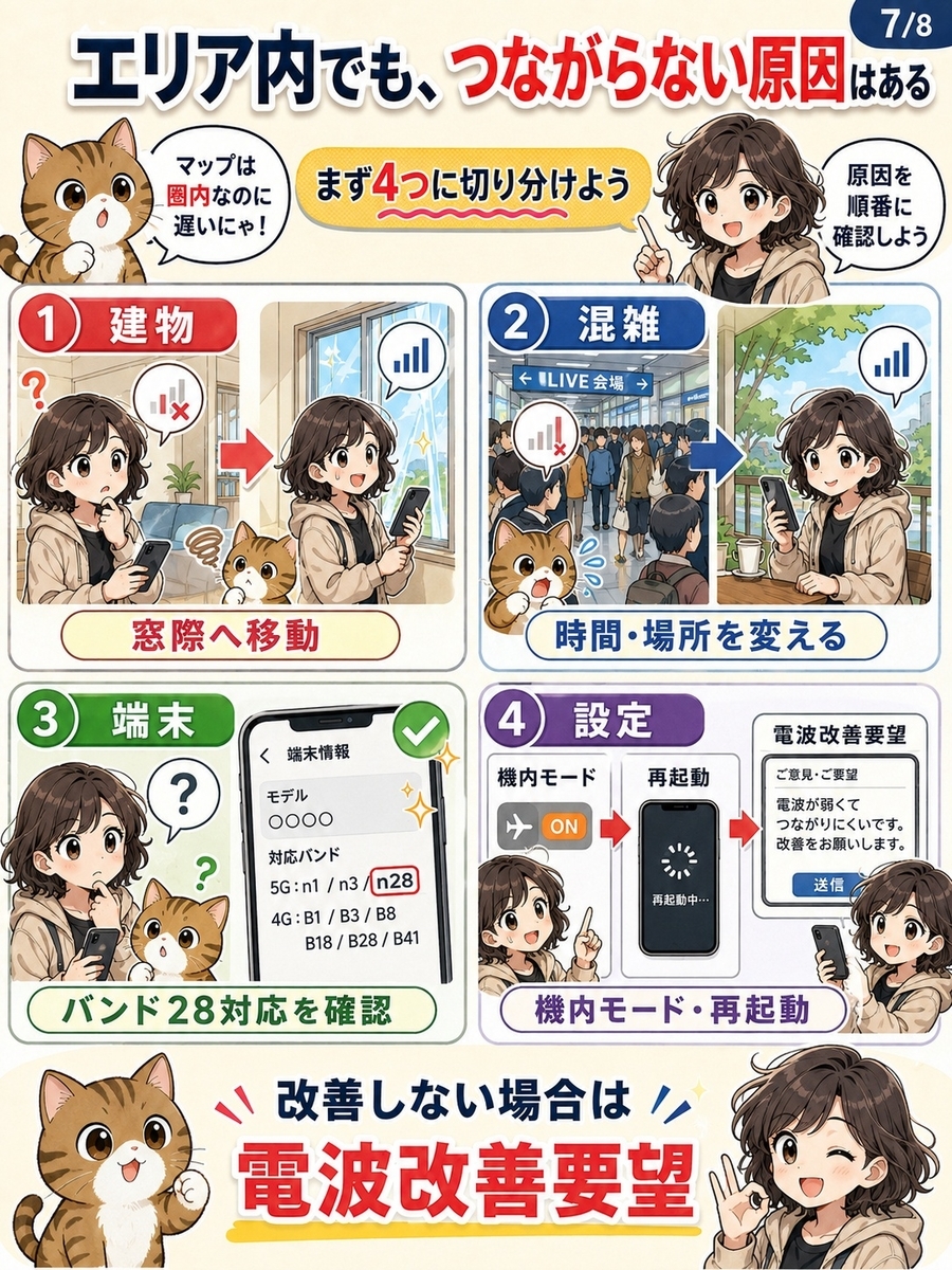 楽天モバイルの対応エリア内でつながらない場合に、建物、混雑、端末、設定を確認する対処法をまとめた画像。