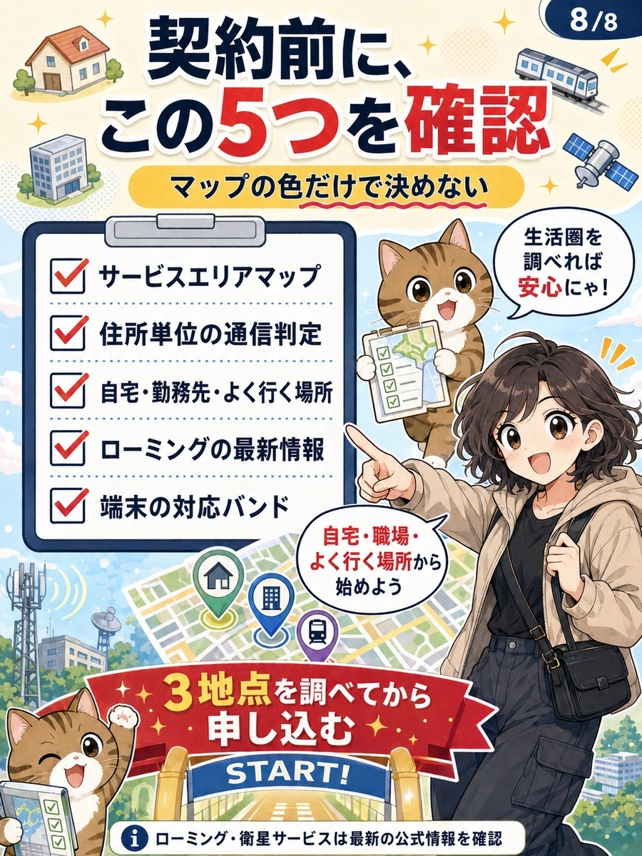 楽天モバイルへの申込前に、公式マップ、住所判定、生活圏、ローミング情報、端末対応を確認するチェックリスト画像。