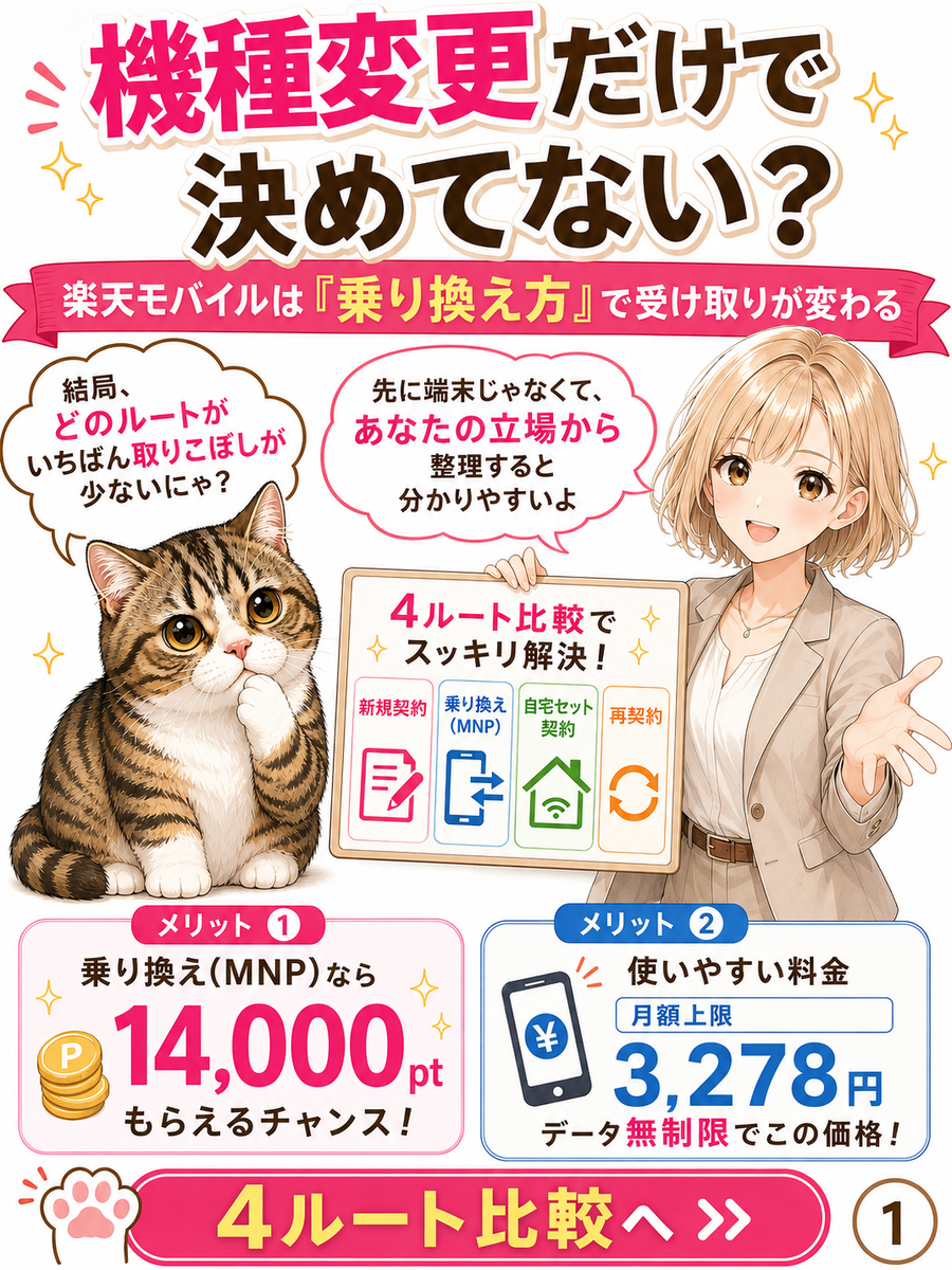 楽天モバイルの機種変更と乗り換えをテーマに、どのルートが取りこぼしが少ないかを猫と女の子が導入的に紹介しているマンガ画像。