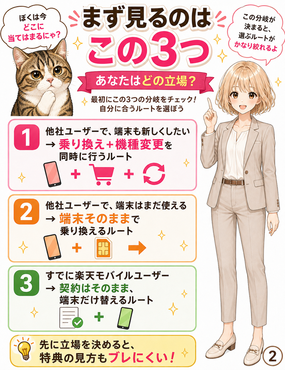 他社で端末も替えたい人、他社で端末はそのままの人、すでに楽天モバイルの人という3つの分岐をフローチャート風に整理した解説画像。