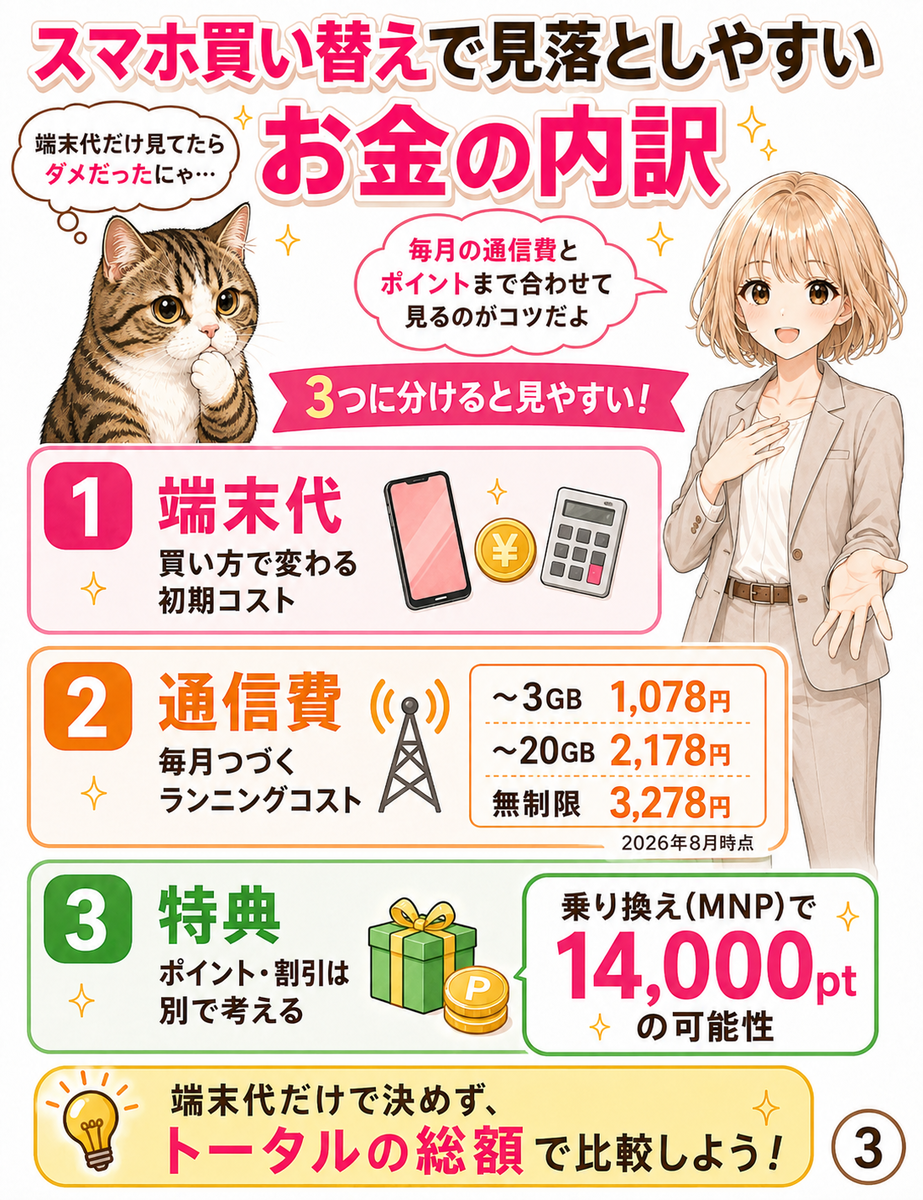 スマホ買い替えの判断を、端末代・通信費・特典の3つに分けて考えるべきだと説明し、楽天モバイルの段階制料金も示した画像。