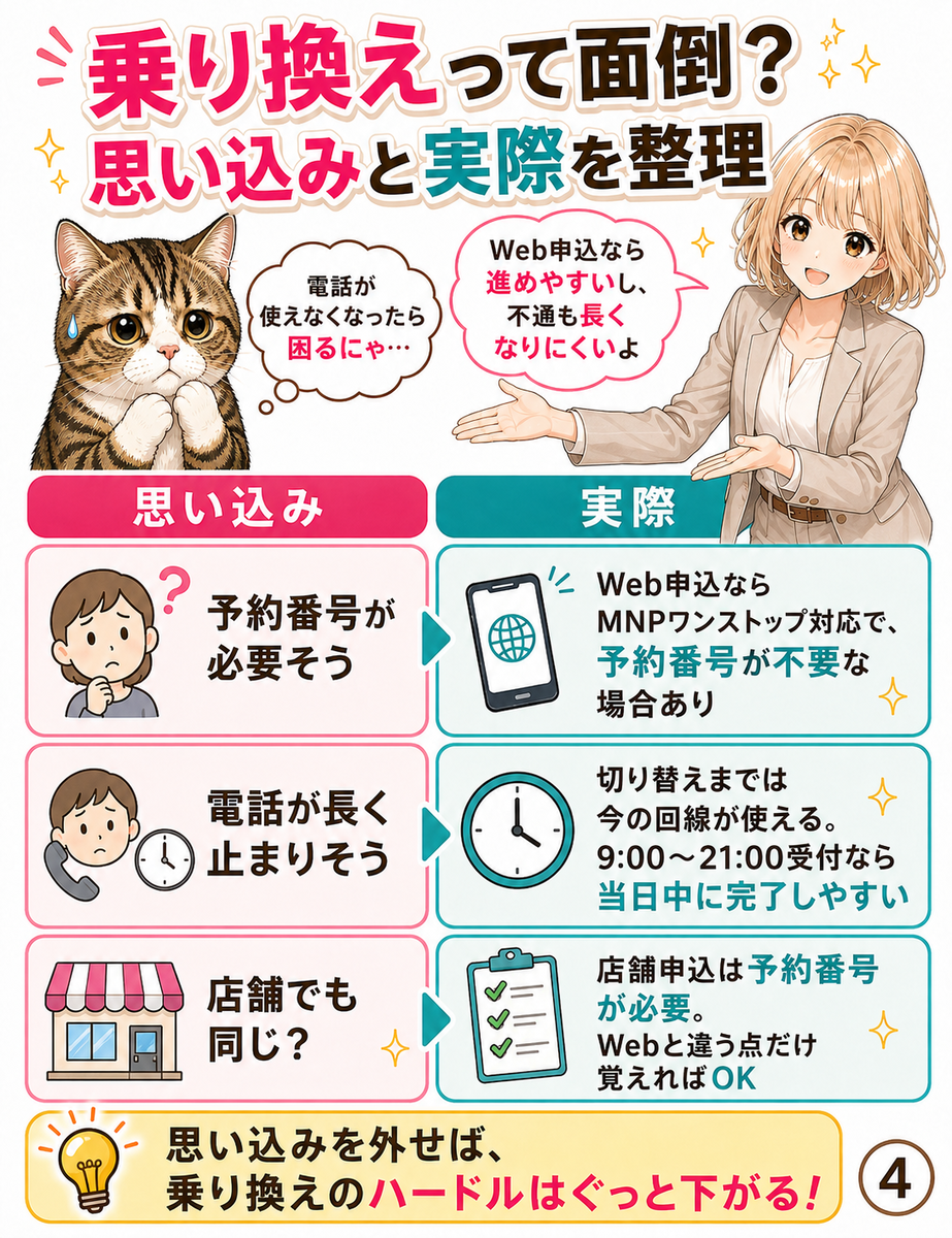 楽天モバイルへの乗り換えについて、手続きが面倒そう、電話が使えなくなりそうという思い込みと実際の違いを比較して説明した画像。