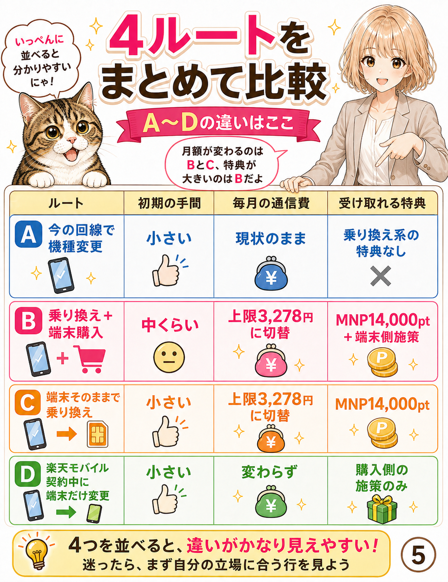 今の回線のまま機種変更、乗り換えと端末購入、端末そのままで乗り換え、楽天モバイル契約中の機種変更という4ルートを一覧比較した画像。