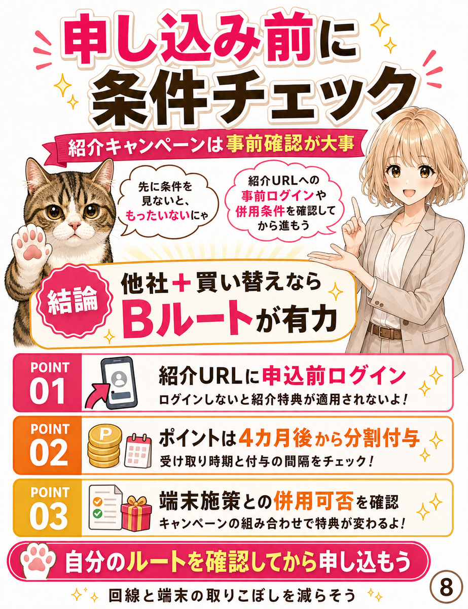 楽天モバイルの紹介キャンペーンの注意点や、事前ログイン、ポイント付与時期、併用可否確認など申込前のチェック事項をまとめた締めの画像。