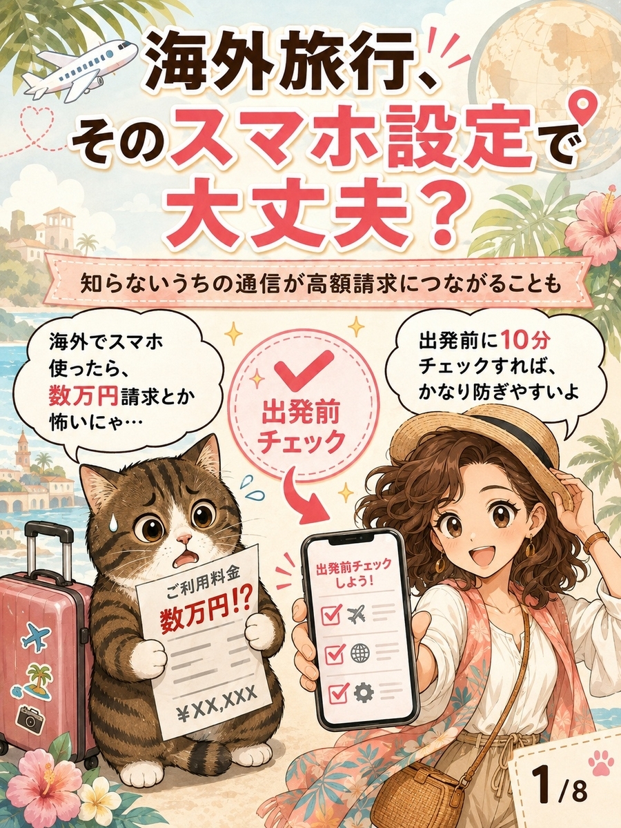 海外旅行でスマホの高額請求を防ぐため、出発前にデータローミングなどの設定確認が必要だと伝える猫と女の子のマンガ解説。