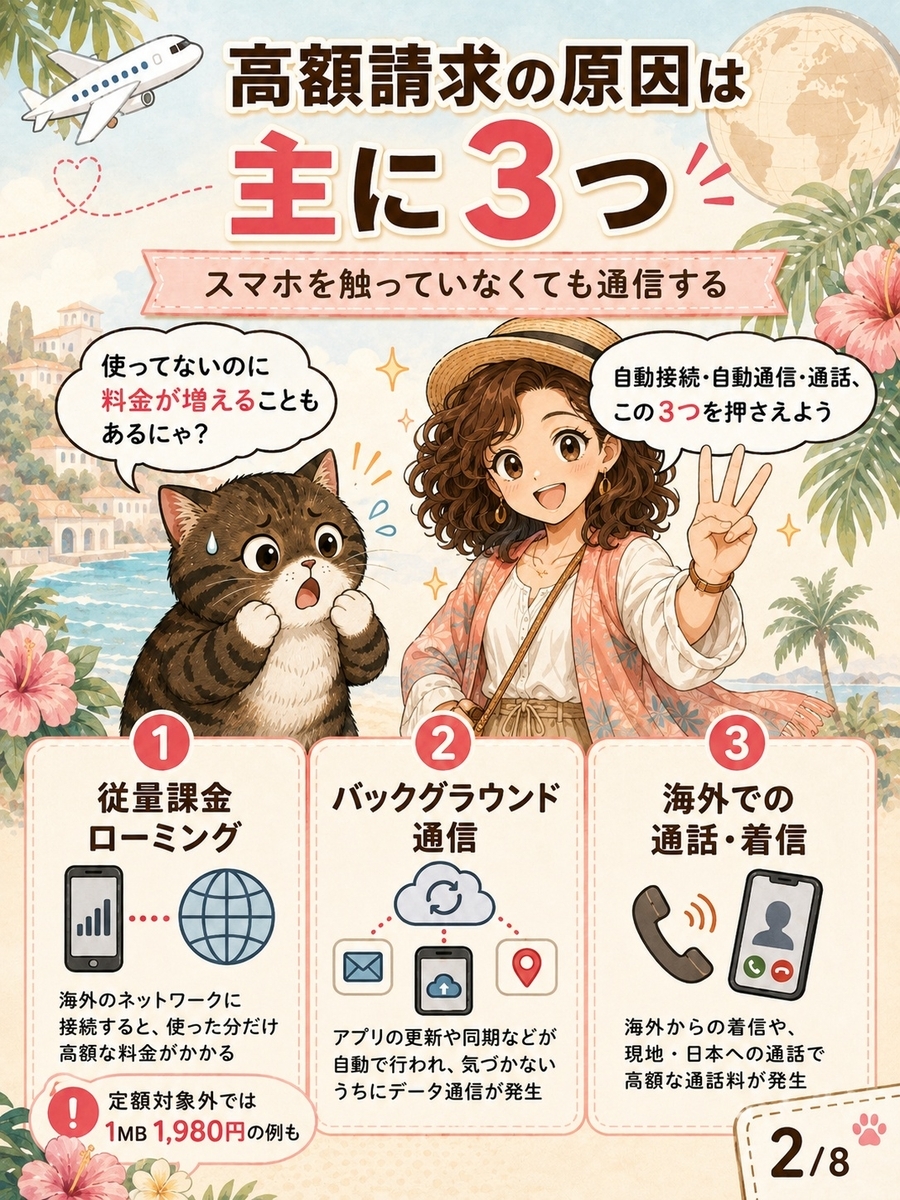 海外スマホの高額請求につながる従量課金ローミング、自動通信、海外での通話・着信という3つの原因を説明した画像。