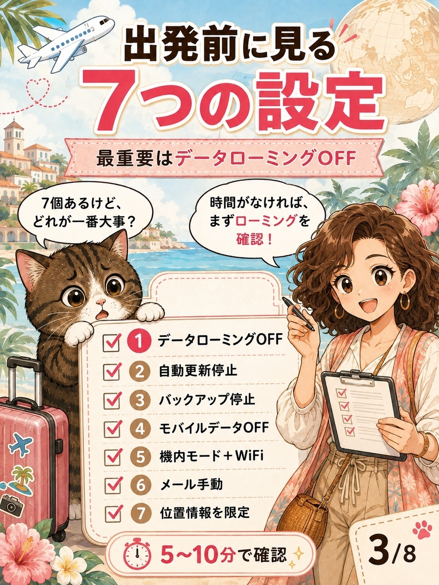 海外旅行前に確認したいデータローミング、自動更新、クラウドバックアップなど7つのスマホ設定をまとめたチェックリスト。