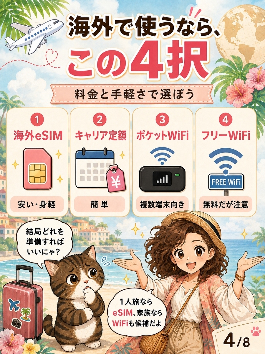 海外eSIM、キャリア定額、ポケットWiFi、フリーWiFiの4つの海外通信手段を特徴別に比較したマンガ解説画像。