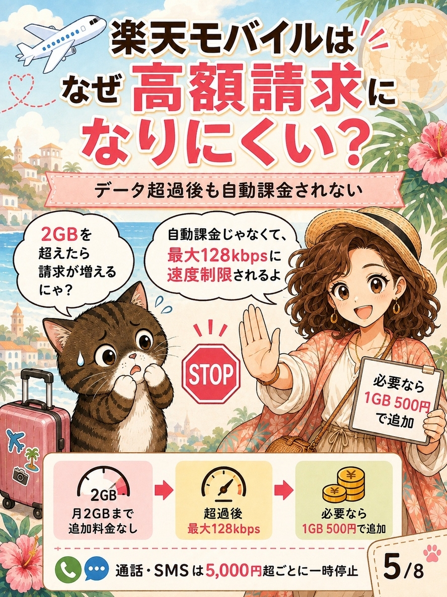 楽天モバイルの海外ローミングは月2GBまで追加料金なしで、超過後は128kbpsに速度制限される仕組みを説明した画像。