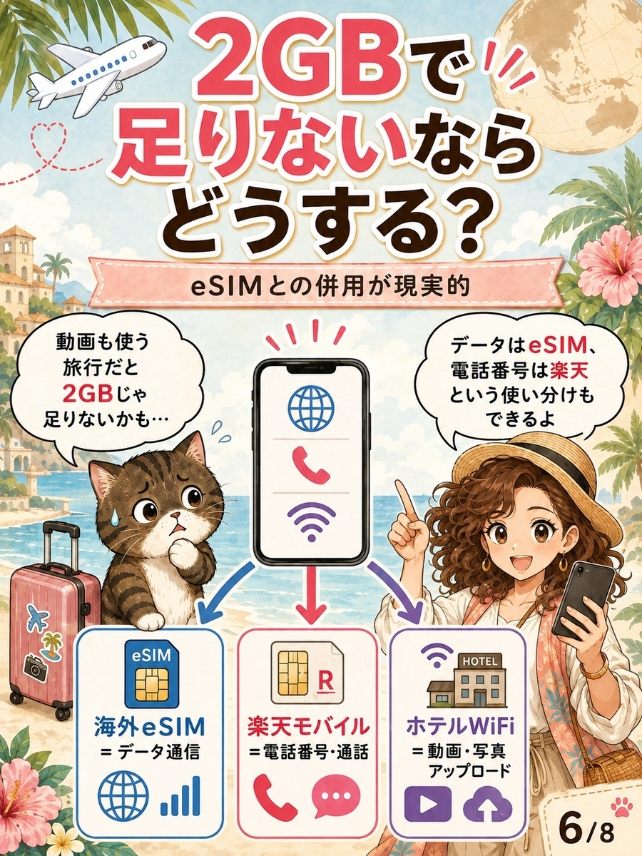 海外で2GB以上使う場合に、海外eSIMをデータ通信、楽天モバイルを電話番号や通話用として併用する方法を解説した画像。