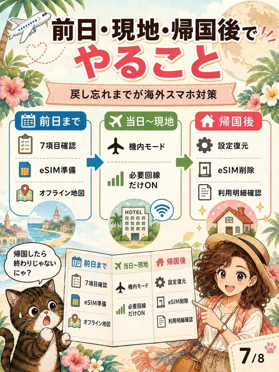 海外旅行の前日、現地滞在中、帰国後の3段階に分けて、スマホ設定や通信準備でやることを時系列でまとめた画像。