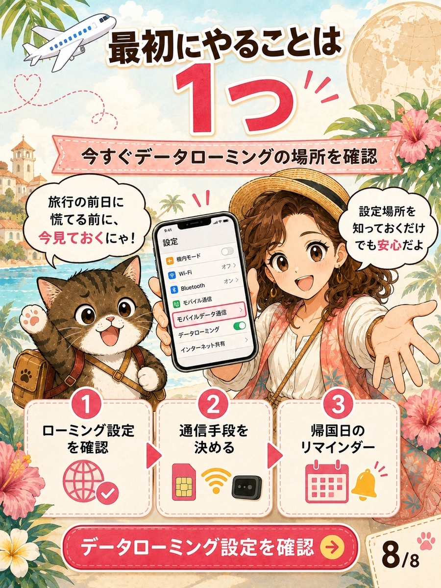 海外旅行の高額請求対策として、まずスマホのデータローミング設定場所を確認するよう促すまとめのマンガ画像。